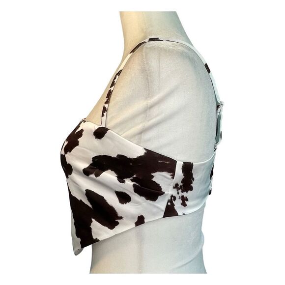 Forever 21 Satin Cow Print Crop Top Brown White Handkerchief Hem S - Picture 2 of 6